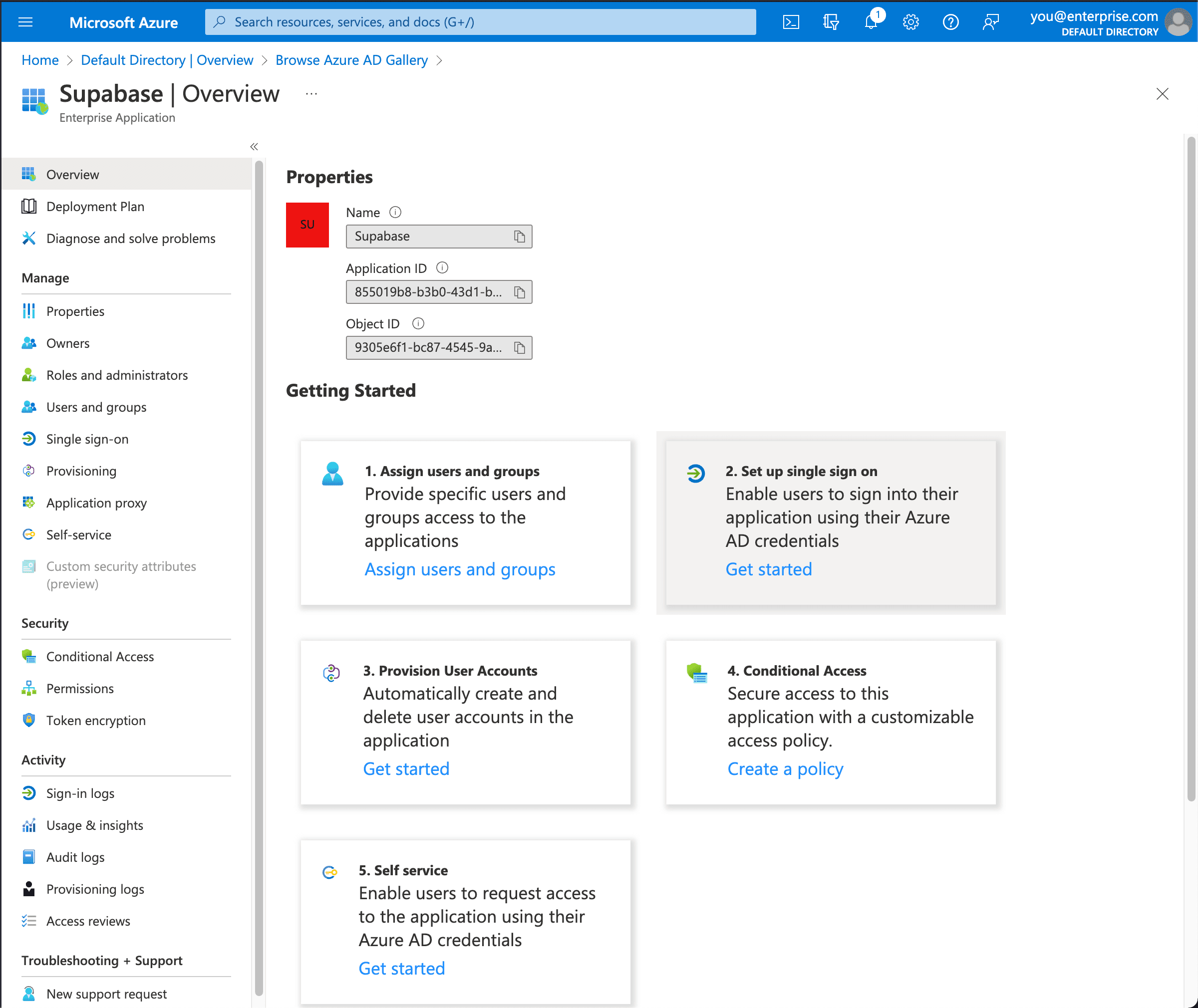 Azure AD console: Supabase custom enterprise application, selected Set up single sign-on